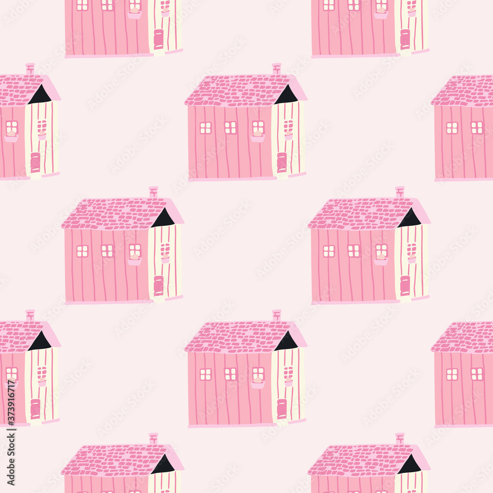 House silhouette seamless pattern. Doodle architecture pink ornament on light background.