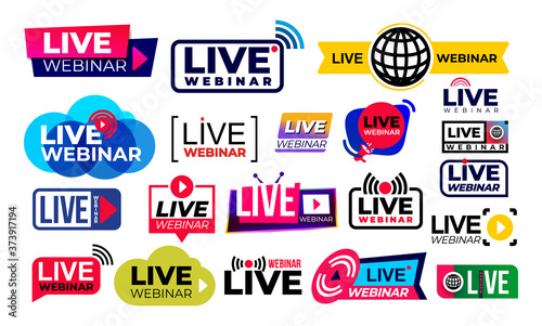 Big set of live webinar colored button, icon, emblem label. Simple element illustration concept. Vector illustration. Isolated on white background.