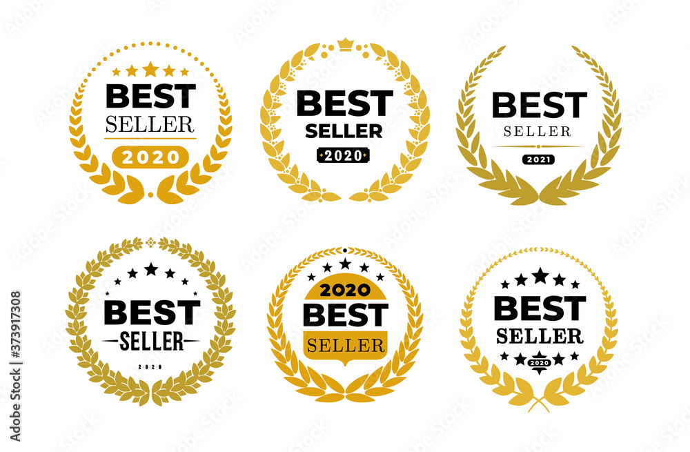 Set of awords Best Seller badge logo design. Golden Best Seller vector illustration. Isolated on white background.
