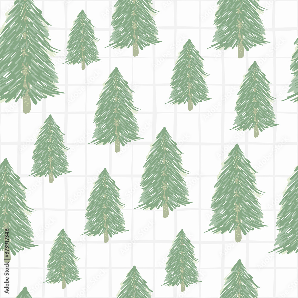Forest tree elements seamless doodle pattern. Random green forest ornament on white background with check.