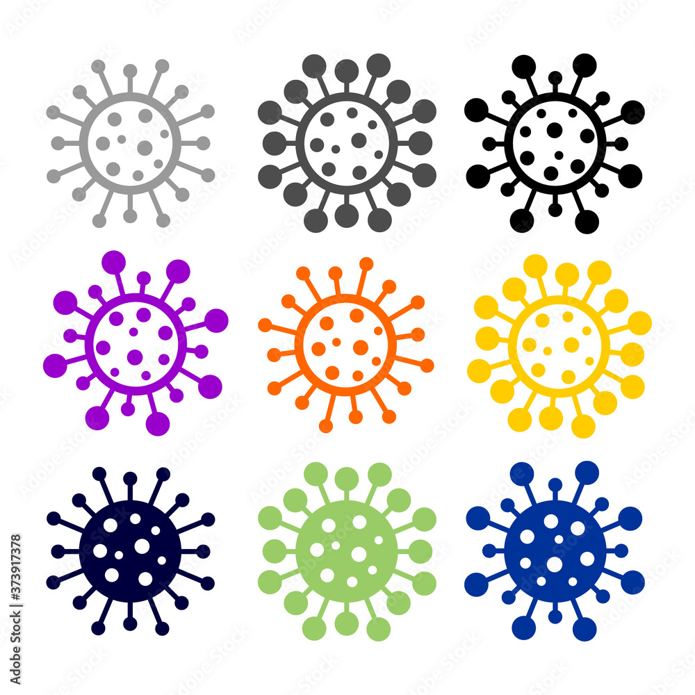 Set of colored, black and white vibrant virus icons. Circle virus icons, symbols. Coronavirus, COVID 19, 2019-ncov signs. Vector illustration. Isolated on white background. Set of colored, black and white vibrant virus icons. Circle virus icons, symbols. Coronavirus, COVID 19, 2019-ncov signs. Vector illustration. Isolated on white background.