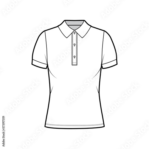 Polo shirt technical fashion illustration with cotton-jersey short sleeves, oversized, buttons along the front. Flat outwear apparel template front, white color. Women men unisex top CAD mockup