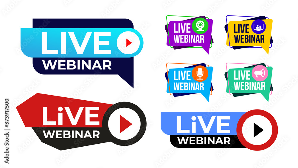 Set of live webinar colored button, icon, emblem label. Vector illustration. Isolated on white background.