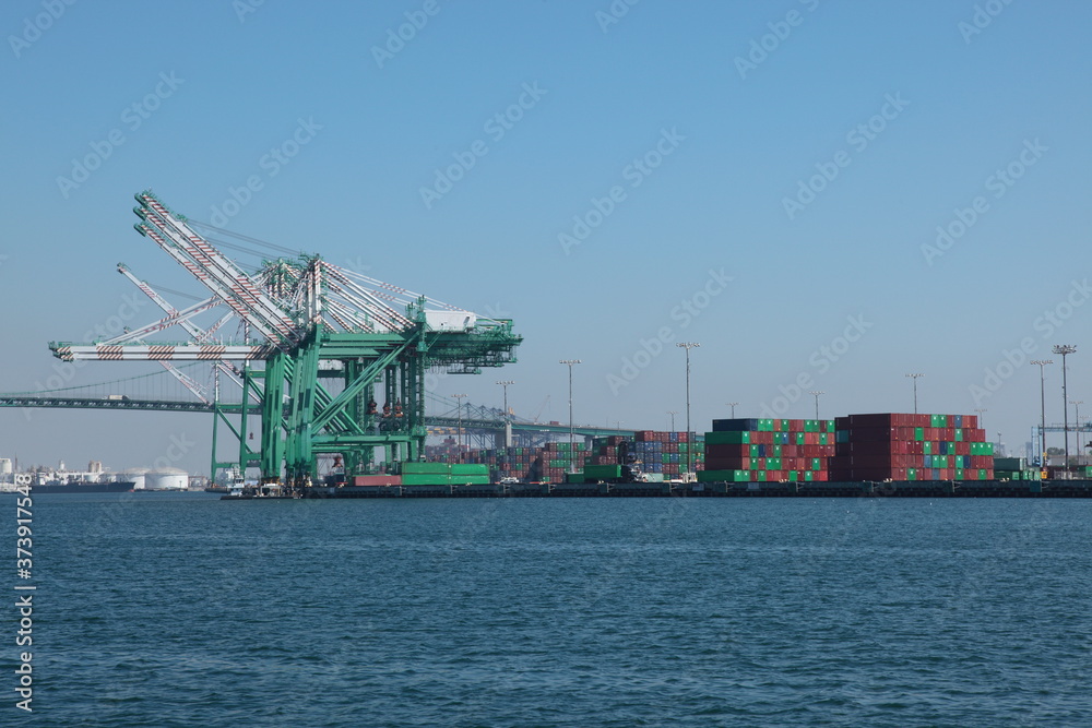 View of Port of Los Angeles and Container Terminal in San Pedro, LA, California.