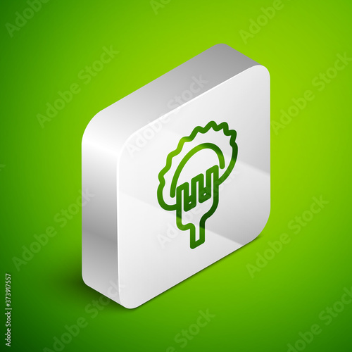 Isometric line Dumplings on fork icon isolated on green background. Pierogi, varenyky, pelmeni, ravioli. Traditional Ukrainian food. Silver square button. Vector.