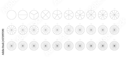 Set of segmented circles. Various number 0-30 of sectors divide the circle on equal parts. Thin black line outline graphics. Vector illustration. Isolated on white background.