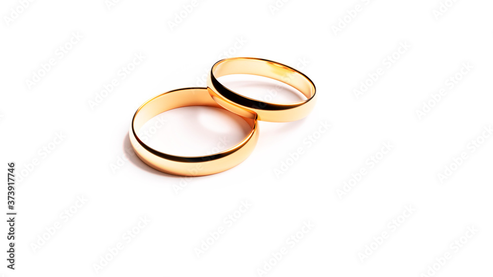 Golden Rings isolated on white background. Beautiful wedding composition for Flyer, Web site or Business cards. Stunning shiny jewelry in best qualuty on the purest White for easy decoration. Golden Rings isolated on white background. Beautiful wedding composition for Flyer, Web site or Business cards. Stunning shiny jewelry in best qualuty on the purest White for easy decoration.