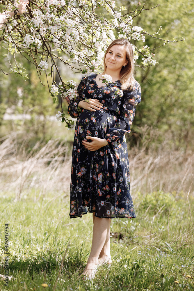 A beautiful pregnant woman in the spring flowering park. The expectant mother walks in the spring garden. Waiting for a miracle. A beautiful pregnant woman in the spring flowering park. The expectant mother walks in the spring garden. Waiting for a miracle.