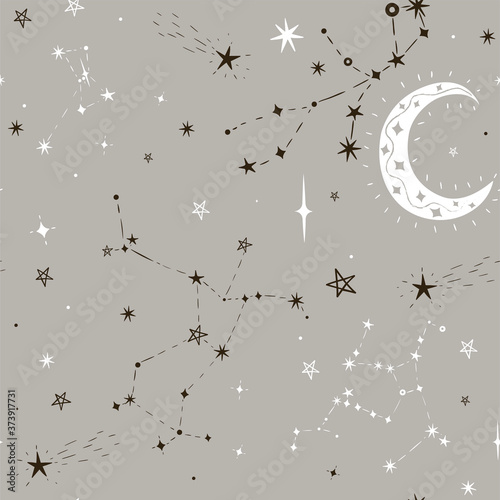 Seamless star pattern with moon and constellations. Vector graphics.