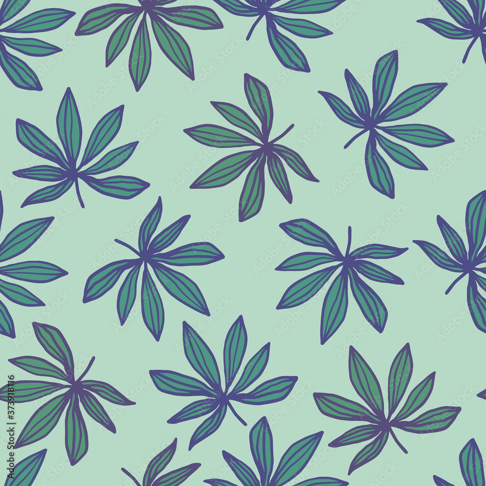 Obraz premium Seamless doodle pattern with outlined sheet print. Cannabis leaves in green and blue colors on light pastel background.