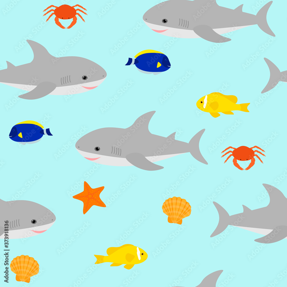 Seamless pattern cute shark and sea elements crab seashell fish starfish vector illustration Seamless pattern cute shark and sea elements crab seashell fish starfish vector illustration