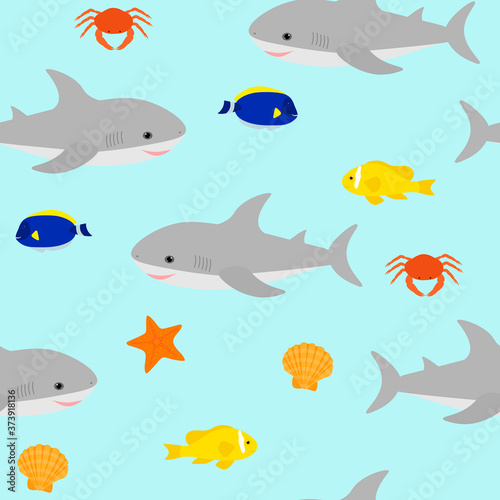 Seamless pattern cute shark and sea elements crab seashell fish starfish vector illustration