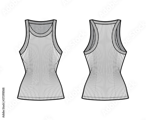 Ribbed racer-back cotton-jersey tank technical fashion illustration with wide scoop neck, fitted knit body, tunic length. Flat camisole template front back white color. Women men unisex shirt top CAD