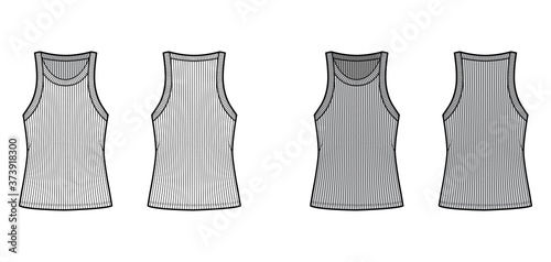 Ribbed cotton-jersey tank technical fashion illustration with wide scoop neck, relax fit knit, tunic length. Flat camisole apparel template front back white grey color. Women men unisex shirt top CAD