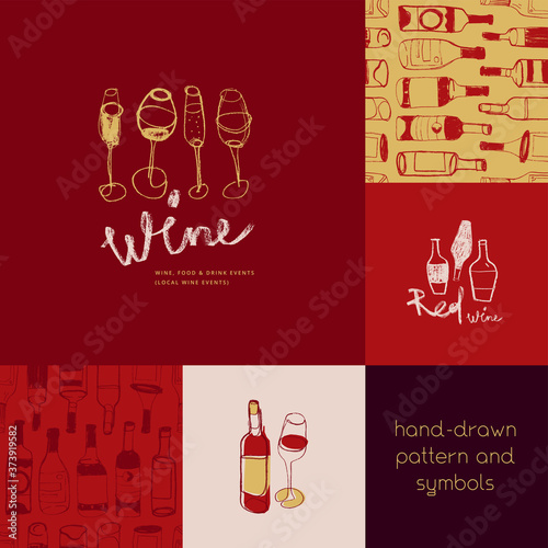 Wine emblems with bottle and wineglass illustrations. Wine bottles pattern, sign organic viticulture, winery symbol. Vector seamless alcohol pattern. Wines shop vector logo design.
