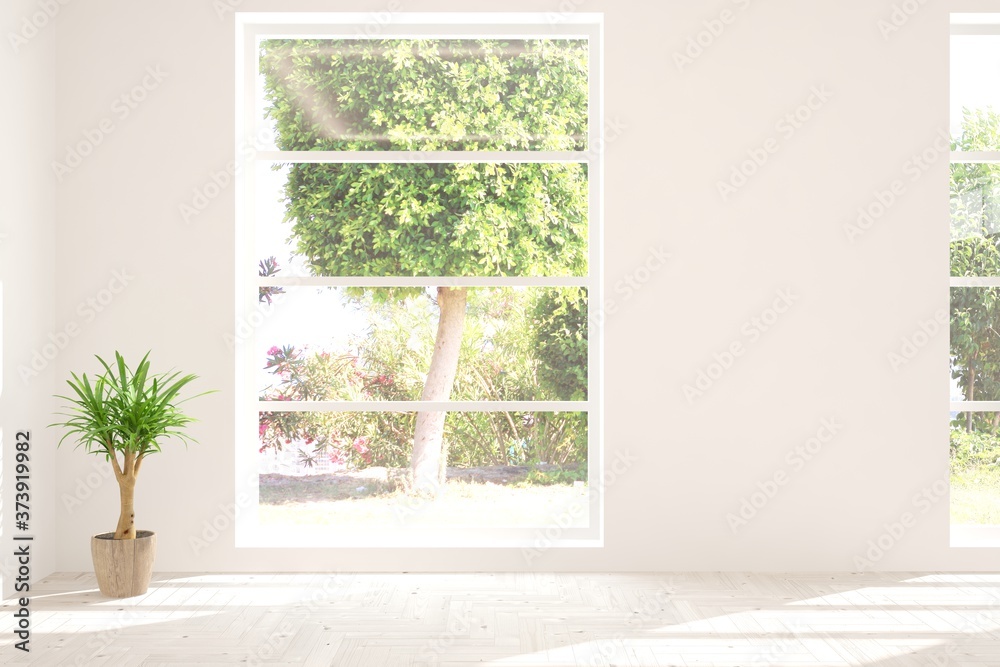 White empty room with summer landscape in window. Scandinavian interior design. 3D illustration