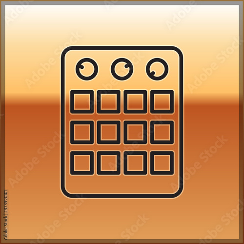 Black line Drum machine icon isolated on gold background. Musical equipment. Vector.