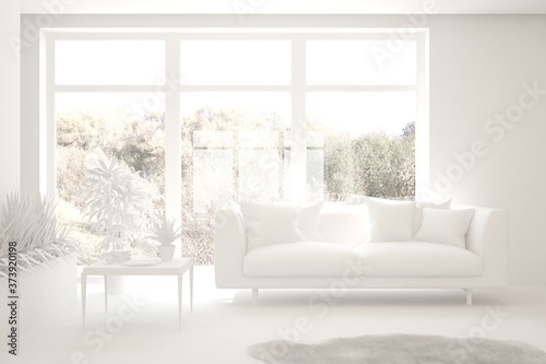 White minimalist living room with sofa. Scandinavian interior design. 3D illustration