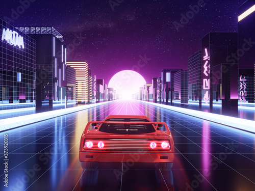 80s vaporwave retro supercar driving in a neon cyber futuristic digital city science fiction, Miami retro