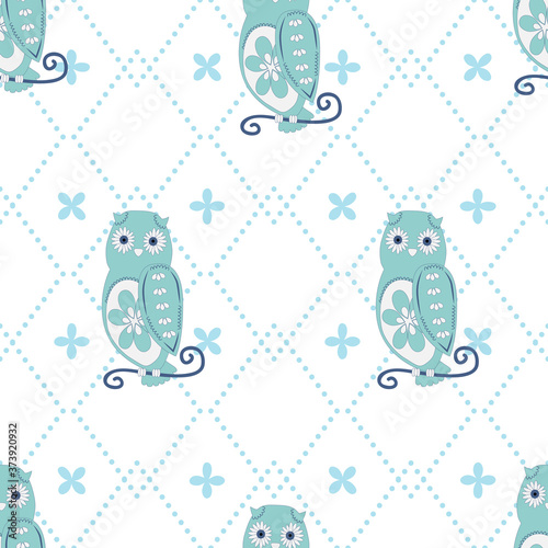 Vector seamless pattern with rhombuses and owls in blue color on white background. For wallpapers, decoration, invitation, fabric, textile and print, web page background, gift and wrapping paper.