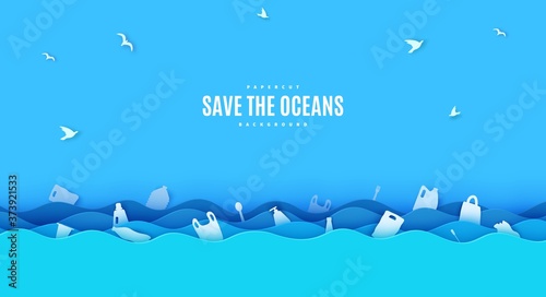 Stop ocean plastic pollution banner design template in paper cut style. Papercut 3d background with sea waves and trash. Ecological poster template. Vector World Oceans Day concept © A_Y_N