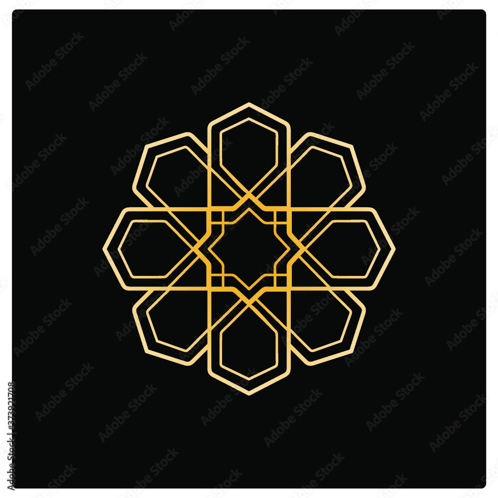 Arabic ornament, abstract  round decorative element, golden geometrical logo on black background  
