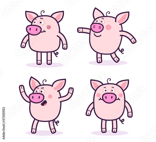 Vector set of illustration of cute cartoon pig with pink snout in different pose and emotion