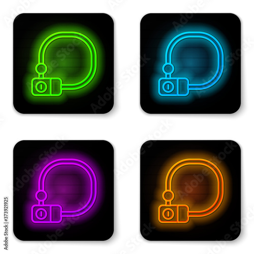 Glowing neon line Bicycle lock U shaped industrial icon isolated on white background. Black square button. Vector.