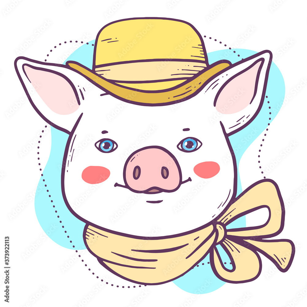 Fototapeta premium Vector portrait illustration of cute cartoon male pig in yellow cowboy hat with handkerchief on the neck.