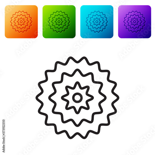 Black line Bicycle cassette mountain bike icon isolated on white background. Rear Bicycle Sprocket. Chainring crankset with chain. Set icons in color square buttons. Vector.