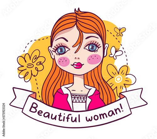 Vector illustration of portrait of a beautiful girl with redhead  big eyes and ribbon with text on white background with flower.