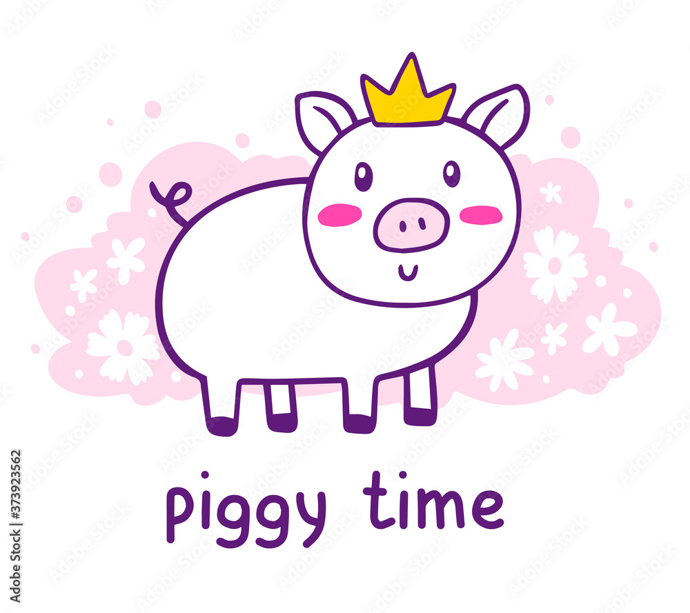 Vector illustration of royal cartoon piglet in golden crown with pink cheeks, snout and text on pink background.