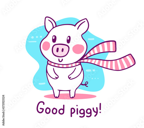 Vector illustration of nice cartoon pig with long winter striped scarf, pink cheeks, text on white background.
