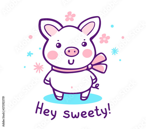 Vector illustration of cute cartoon pig with pink bow and text on white background with flower.
