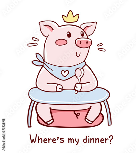Vector illustration of king hungry pig in golden crown sitting at the table with bib and spoon waiting for food.