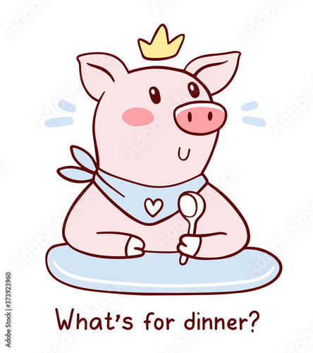 Vector illustration of king pig in golden crown with bib and spoon waiting for food.