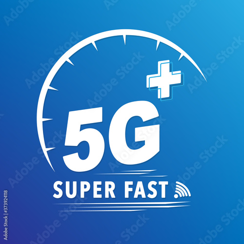 5G Plus super fast high speed logo  concept vector design on Blue background