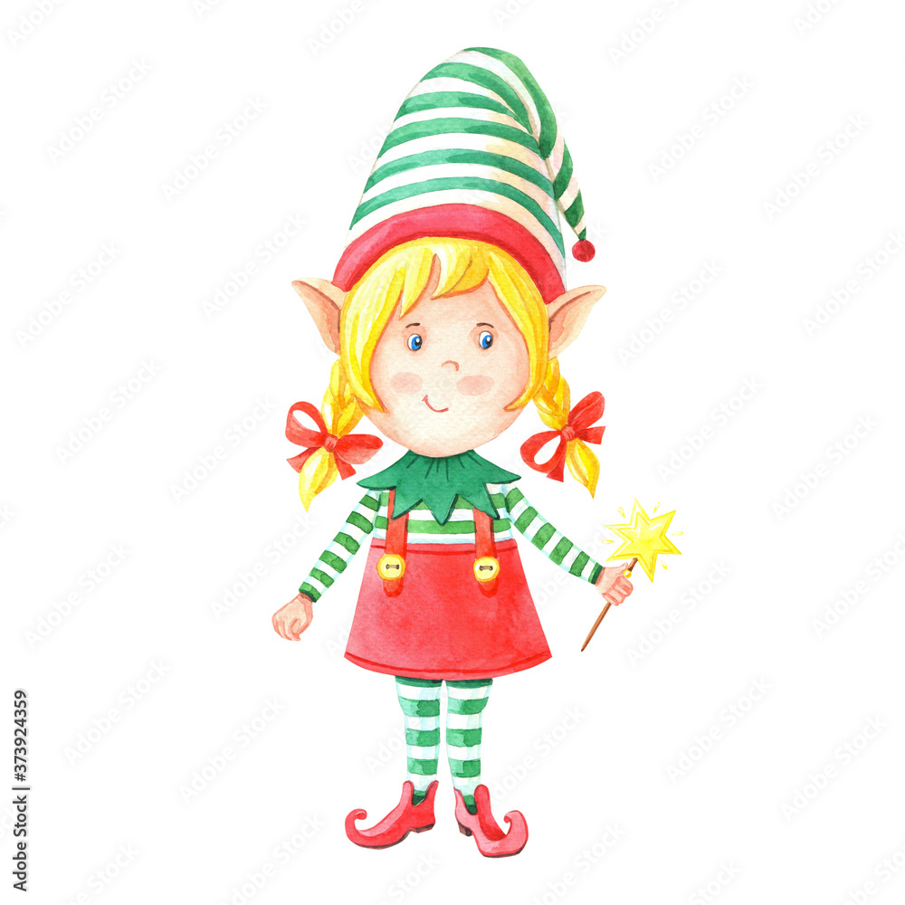 Watercolor Christmas girl elf with magic wand.Little helper of Santa Claus in a striped suit with a hat.