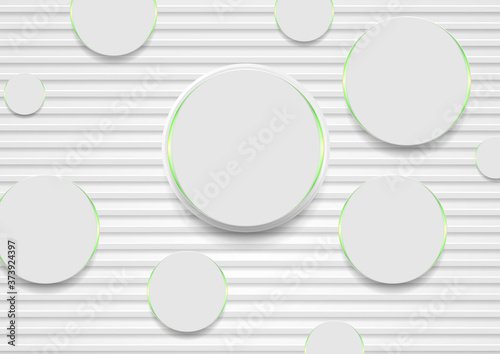 Grey paper stripes and circles with green glowing lights abstract tech background. Geometric vector design