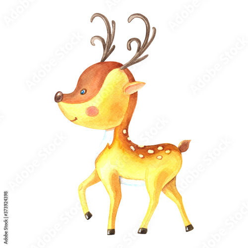 Watercolor small deer with horns and spots. Cute cartoon animal is coming.Isolated image on a white background.
