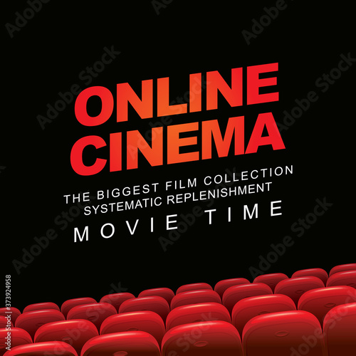 Online cinema poster, the biggest film collection. Movie theater at home. Vector illustration of empty cinema hall with red seats on a dark background. The concept of online cinema