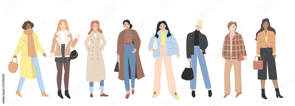 Set of fashion woman in autumn and spring street style outwear. Vector cartoon illustration.