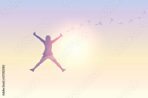 jumping girl with dandelion seeds in sunny sky vector illustration EPS10