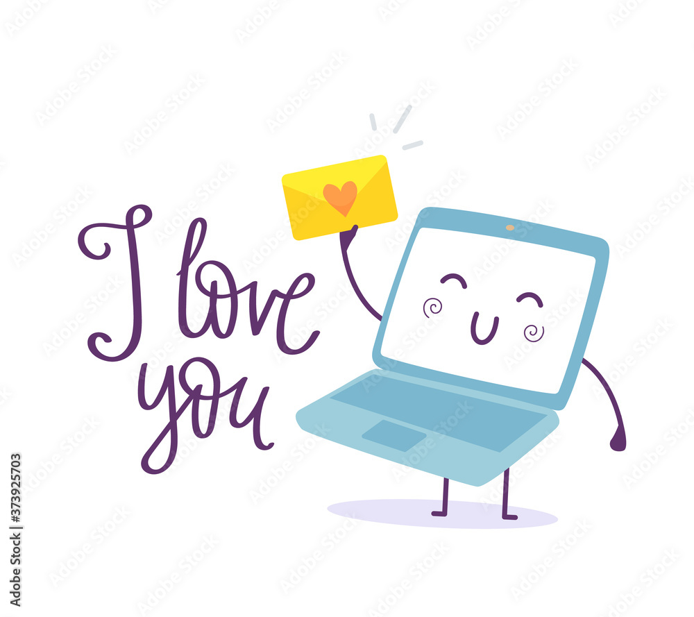 Vector illustration of lovely cartoon laptop. Character smile laptop holding letter on white background with text.