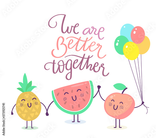Vector illustration of lovely cartoon character. Set of fruit friend on white background with air balloon and text.