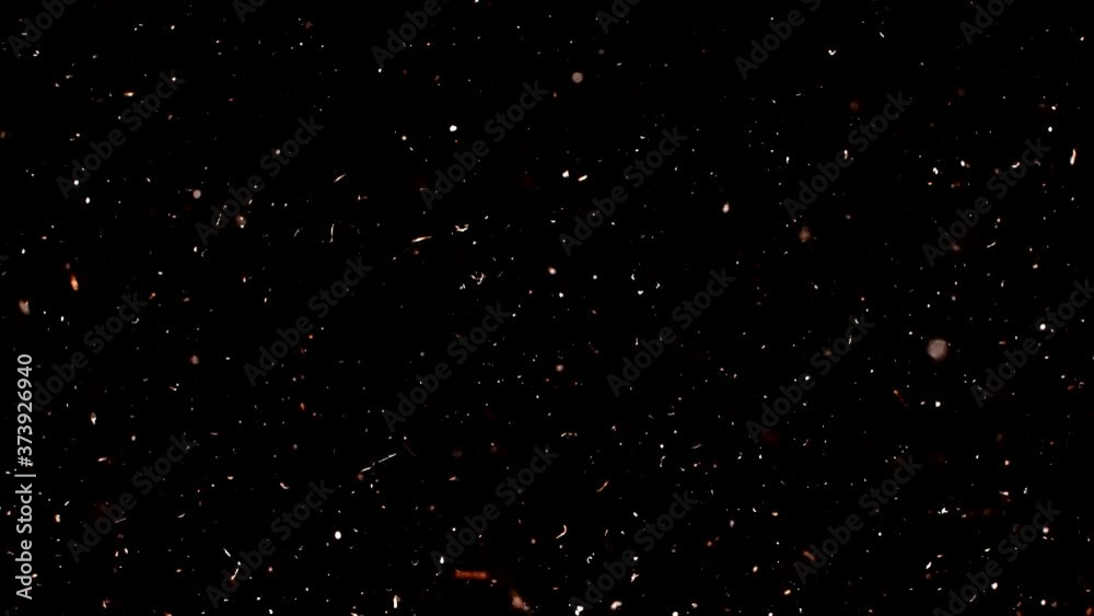 Dust particles sparkling on black background with white light bokeh effect