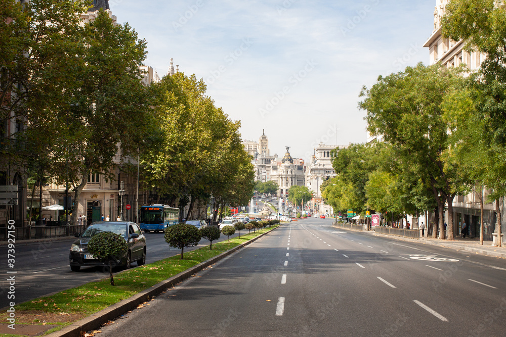 Empty Streets with a people and Architecture of Madrid in Spain in autumn, September