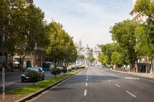 Empty Streets with a people and Architecture of Madrid in Spain in autumn, September