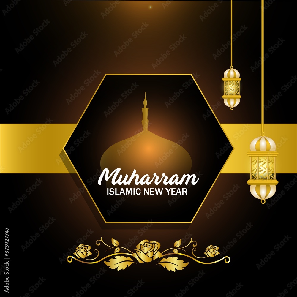 Muharram Ul Haram islamic month of muslim with black background, lamps and  mosque. vector illustration. Stock Vector | Adobe Stock
