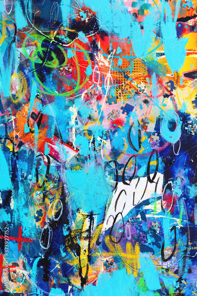 Fototapeta premium Original Hand drawn modern Multi Colored mixed media art canvas textured background . Abstract oil and acrylic painting creative collage of paper and puzzle pieces. Textured Contemporary Poster design